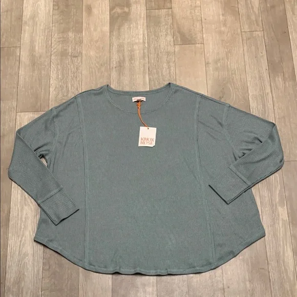 Womens NWT Knox Rose Ribbed Light Green Oversized Tunic Top Shirt - Picture 2 of 8